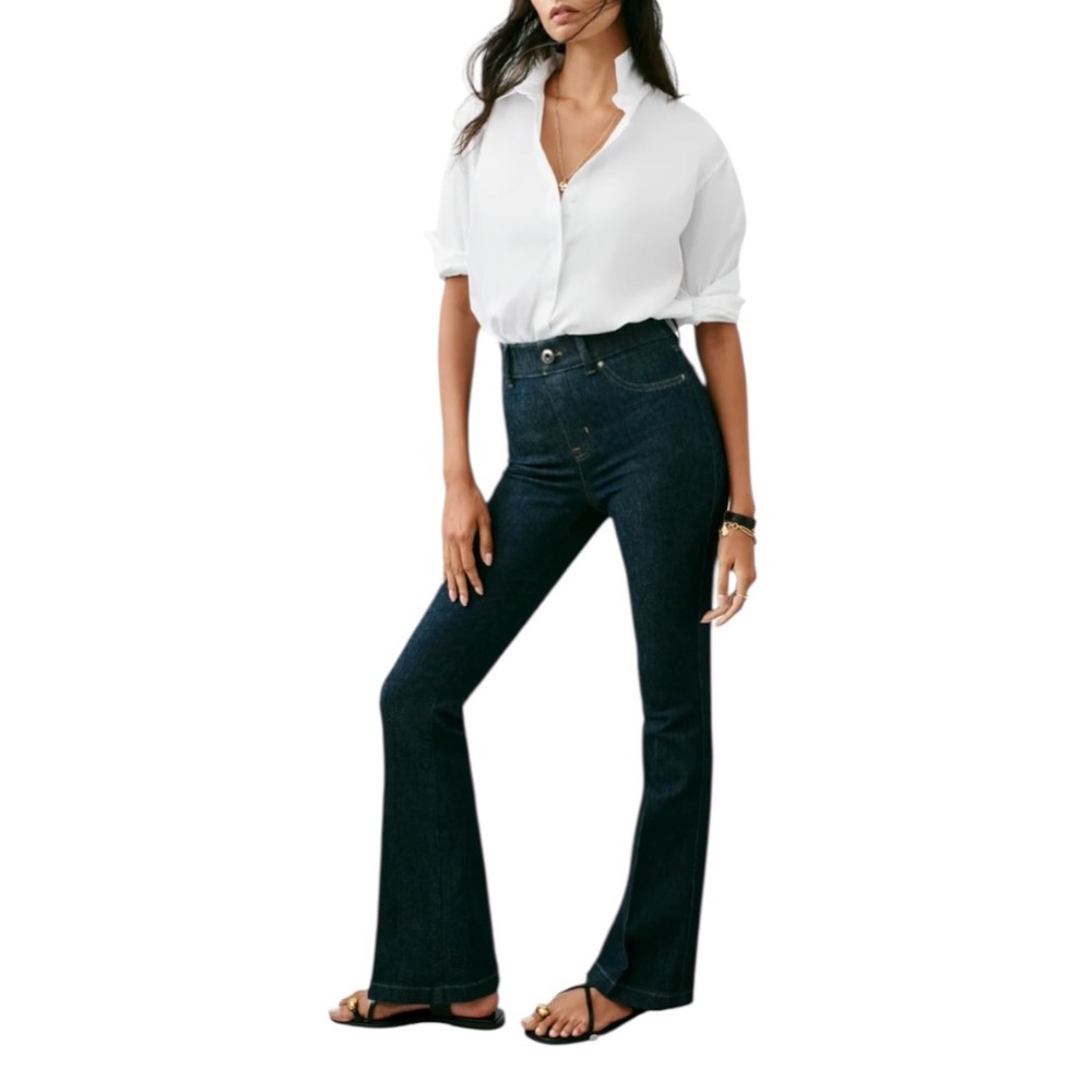 SPANXshape Flare Jeans NWT Large Tall Raw Indigo High Rise Pull On Stretch